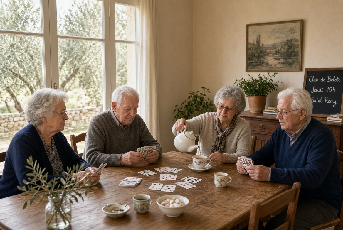 Groupe de quatre personnes jouant aux cartes autour d’une table en bois.