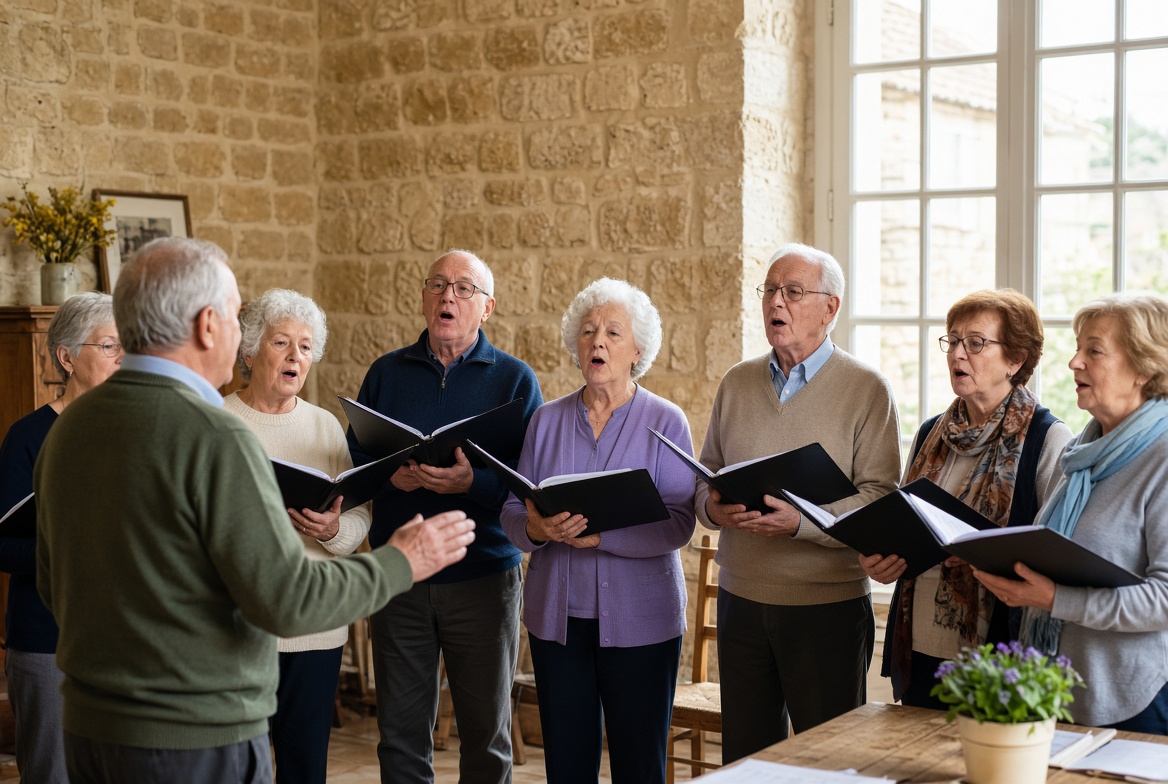 Groupe de personnes âgées chantant avec des partitions dans une salle aux murs de pierre.