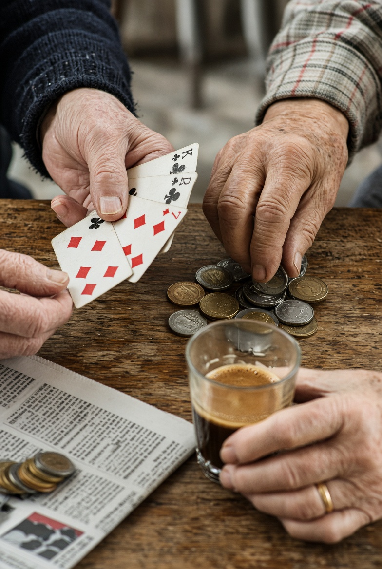 Mains de personnes âgées tenant des cartes à jouer et des pièces, verre de café sur la table.