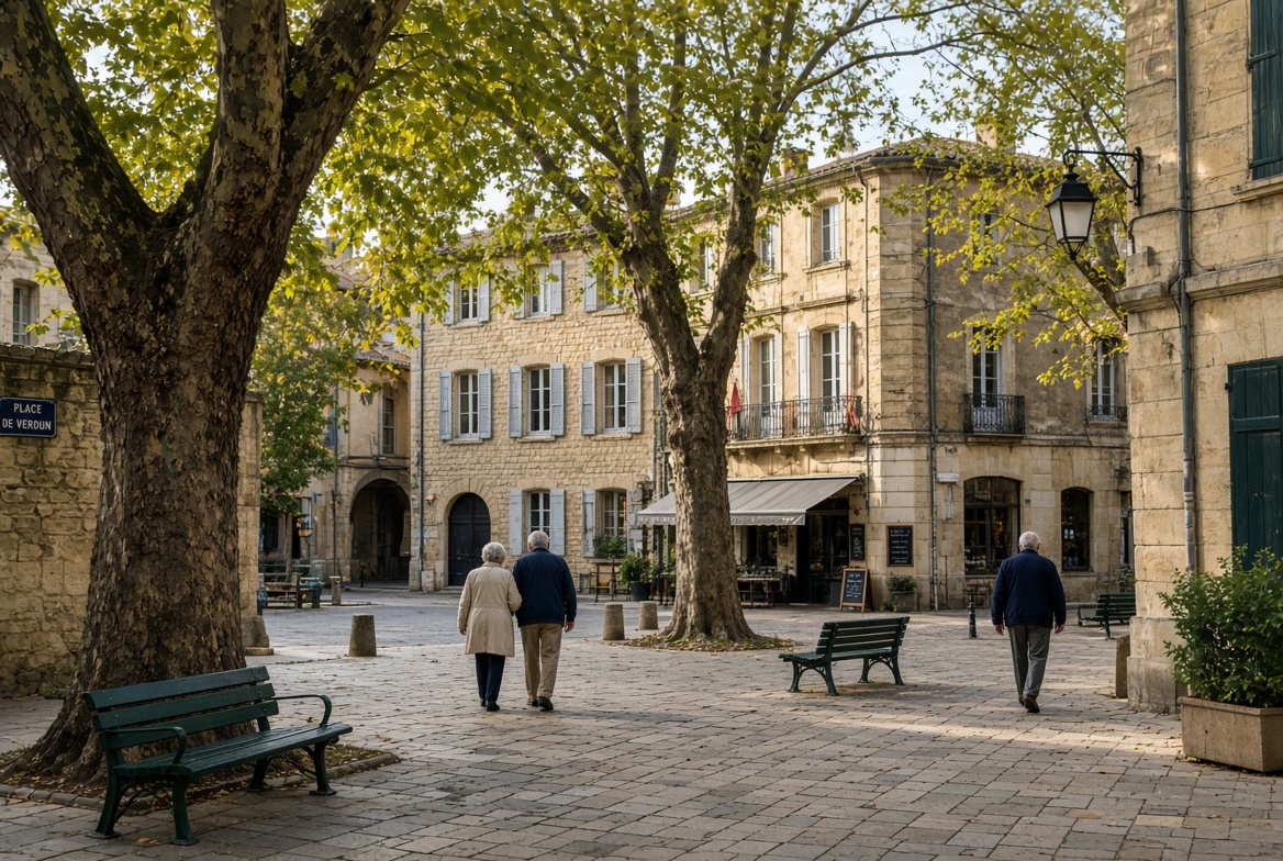 Place arborée avec bancs et façades en pierre à Saint-Rémy-de-Provence.